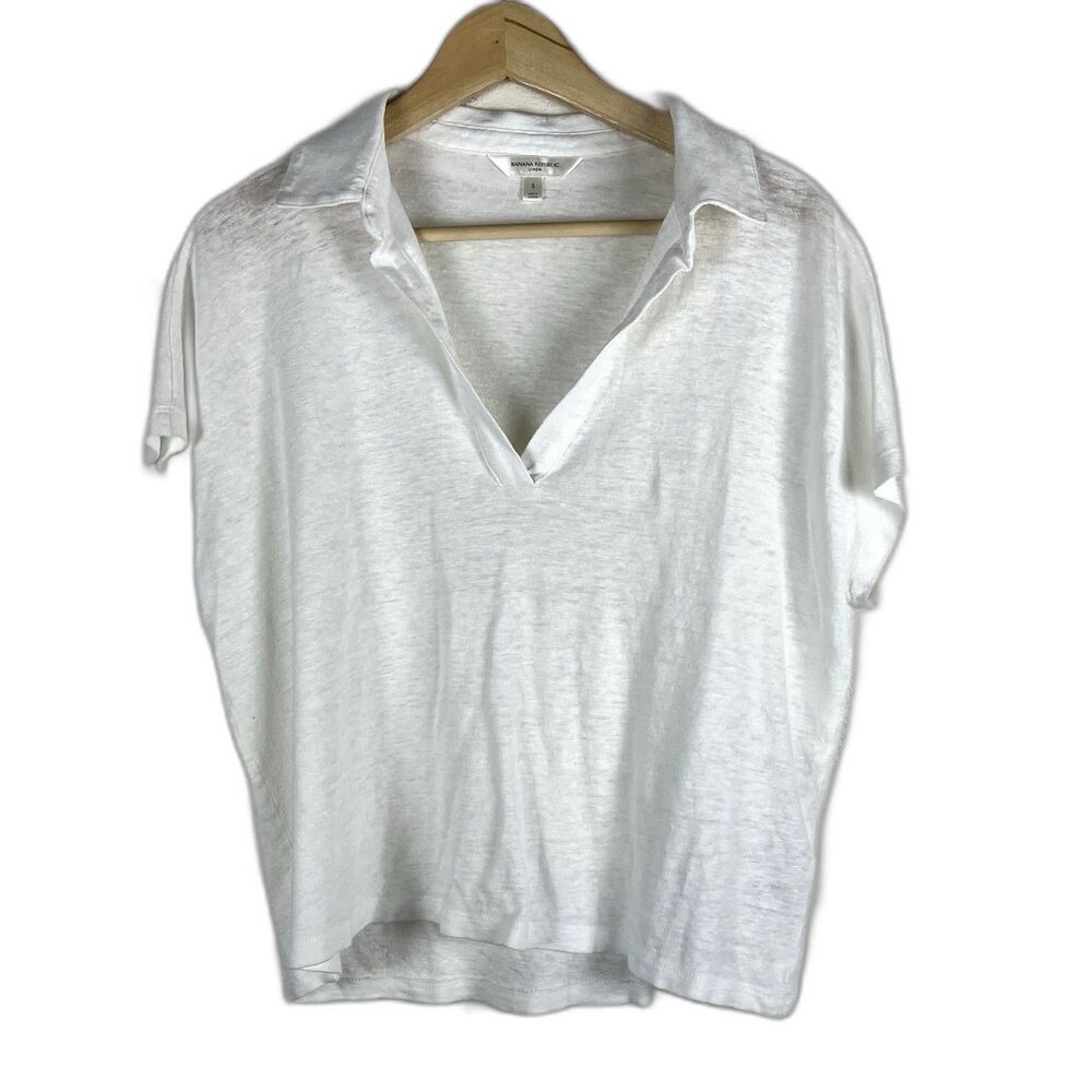 Banana Republic 100% Linen White Solid Collared Polo Top Short Sleeve Women’s S